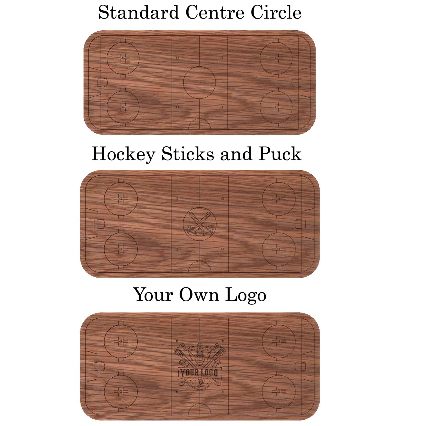 Hockey Rink Shape Hardwood Trivet | Catchall Tray | Serving Board | Charcuterie | Own Logo | Maple | Cherry | Walnut | Custom | Personalized