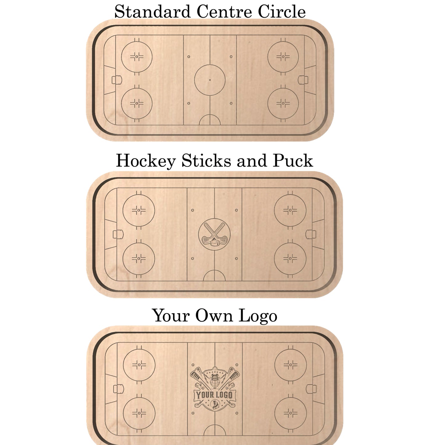 Hockey Rink Shape with Maple Leaf Hardwood Catchall Tray | Trivet | Serving Board | Charcuterie | Own Logo | Maple | Cherry | Walnut | Custom | Personalized