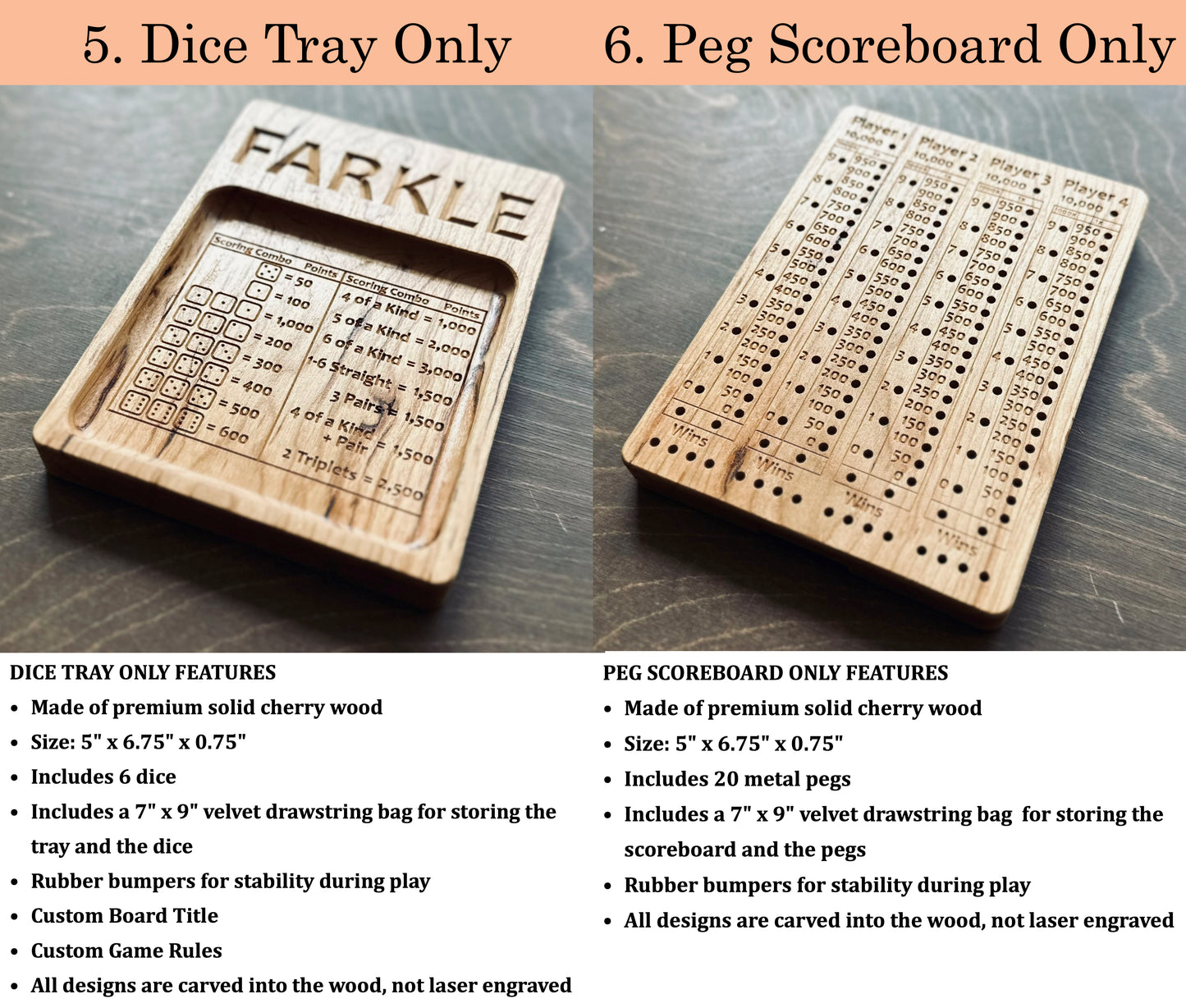 Farkle | 10 000 | Dix mille | Jeu de dés | Pliable | Format voyage | Rangement intégré | Jeu de société | Chevilles | Personnalisé | Bois dur de qualité supérieure