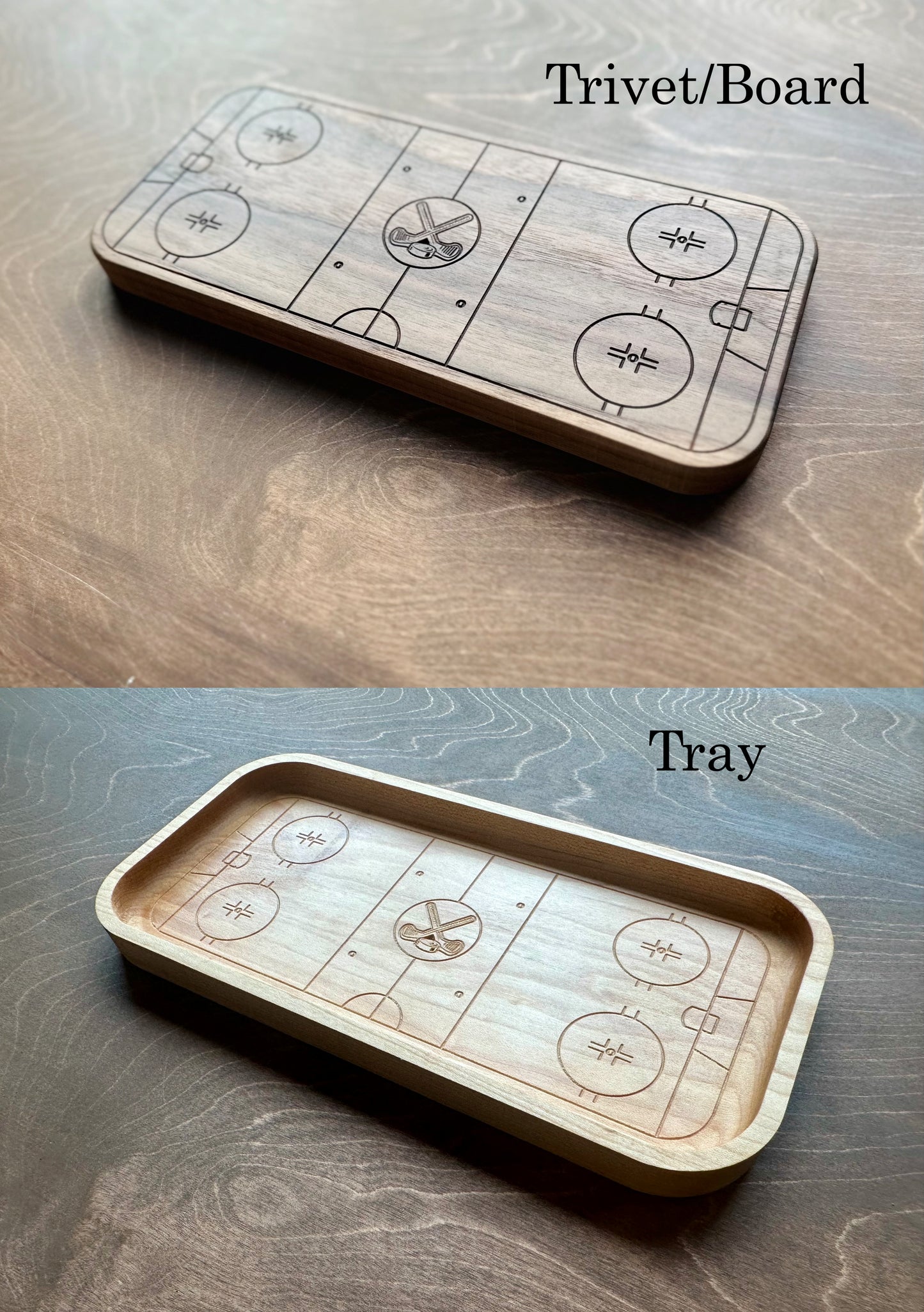 Hockey Rink Shape with Maple Leaf Hardwood Catchall Tray | Trivet | Serving Board | Charcuterie | Own Logo | Maple | Cherry | Walnut | Custom | Personalized