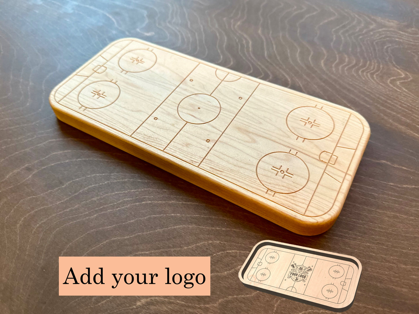 Hockey Rink Shape Hardwood | Trivet | Catchall Tray | Serving Board | Charcuterie | Own Logo | Maple | Cherry | Walnut | Custom | Personalized