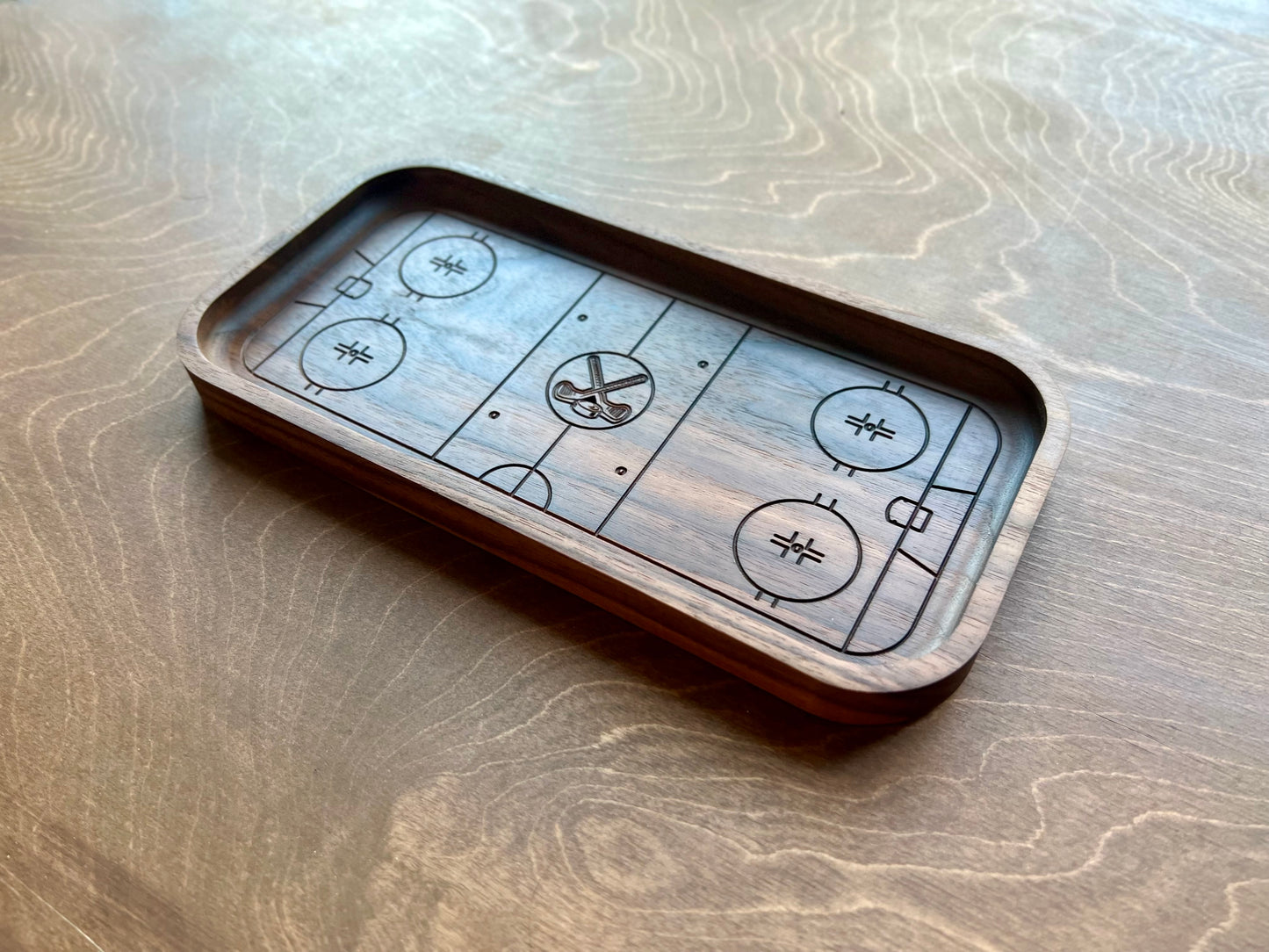 Hockey Rink Shape Hardwood Catchall Tray | Trivet | Serving Board | Charcuterie | Own Logo | Maple | Cherry | Walnut | Custom | Personalized