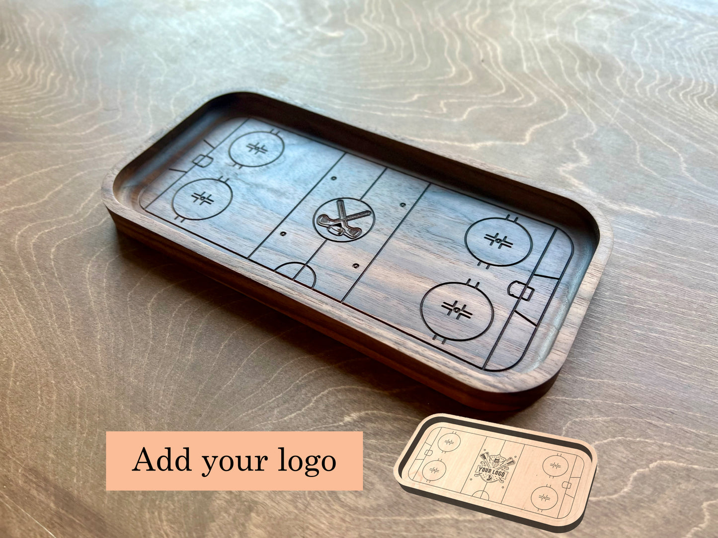 Hockey Rink Shape Hardwood Catchall Tray | Trivet | Serving Board | Charcuterie | Own Logo | Maple | Cherry | Walnut | Custom | Personalized