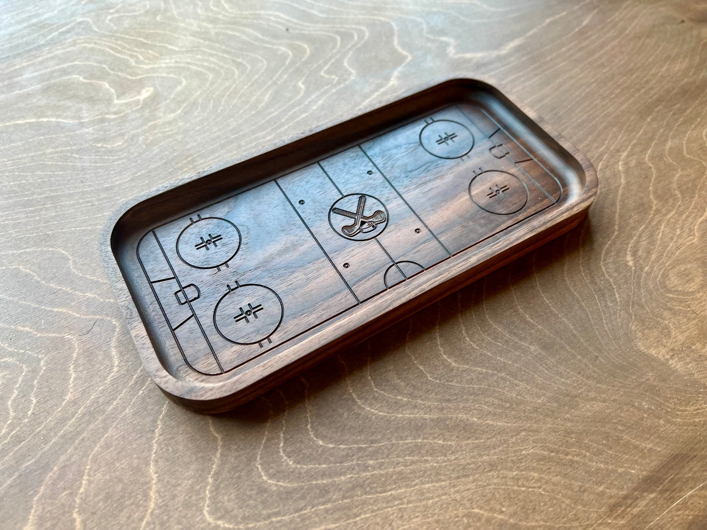 Hockey Rink Shape Hardwood Catchall Tray | Trivet | Serving Board | Charcuterie | Own Logo | Maple | Cherry | Walnut | Custom | Personalized