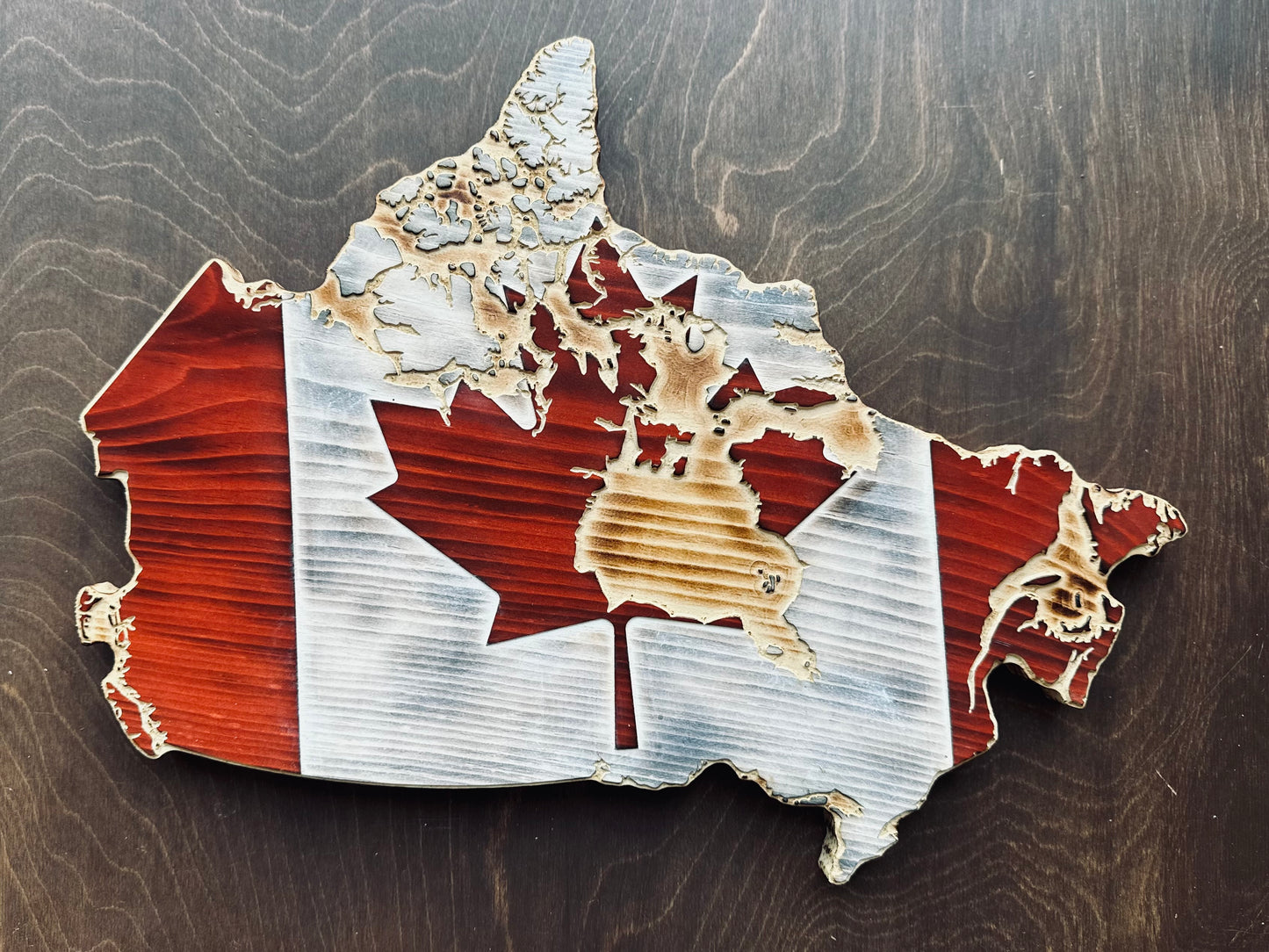 Wooden Canada Map Flag (Detailed) | Pine | Red & White & Natural | Canada Shape Flag
