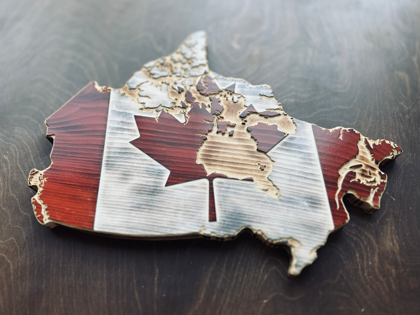 Wooden Canada Map Flag (Detailed) | Pine | Red & White & Natural | Canada Shape Flag