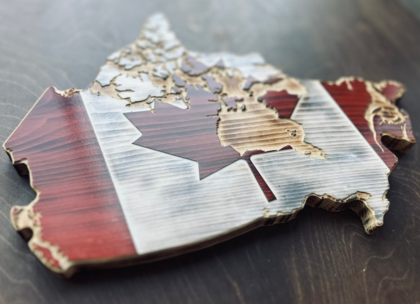 Wooden Canada Map Flag (Detailed) | Pine | Red & White & Natural | Canada Shape Flag