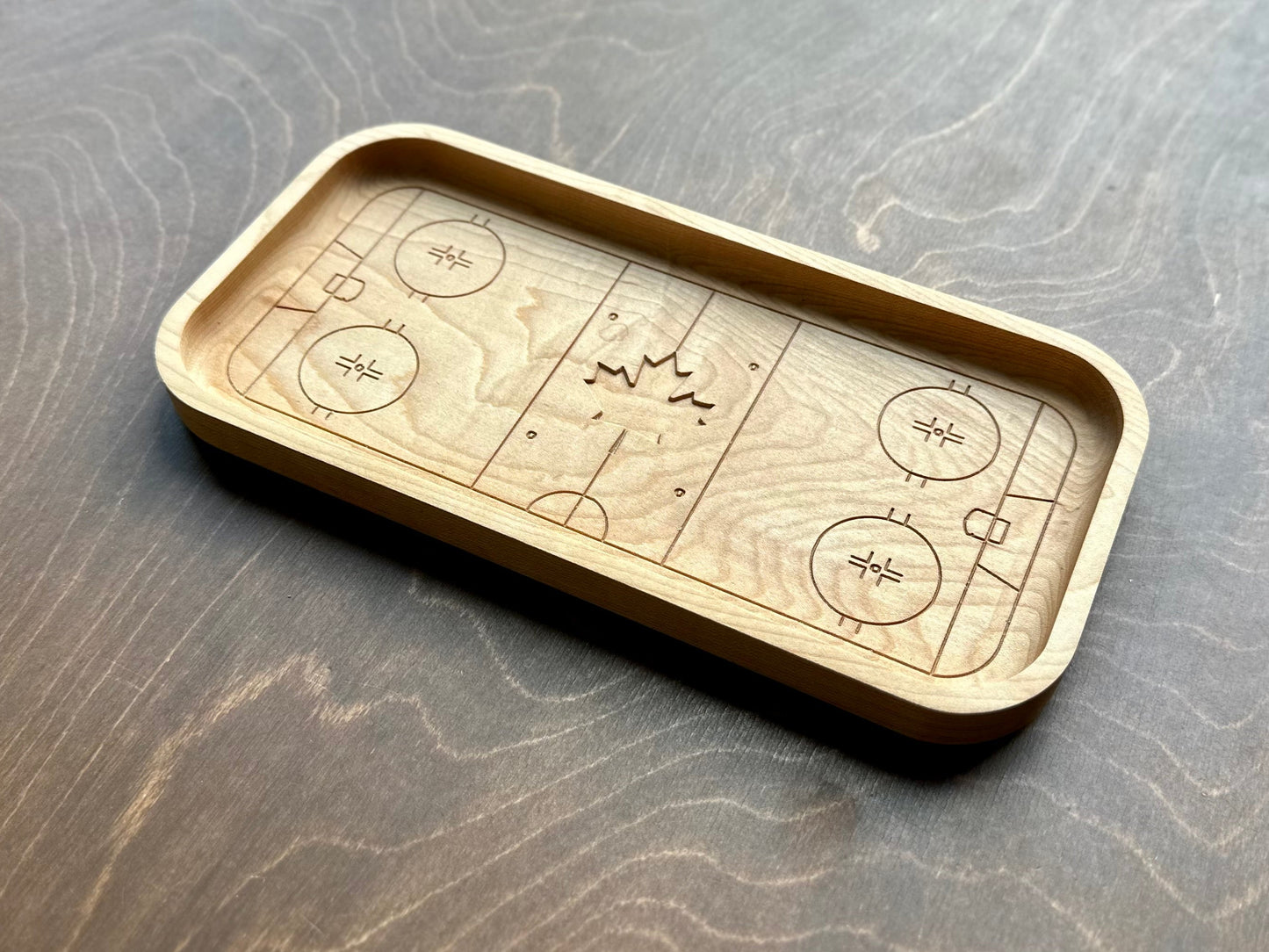 Hockey Rink Shape with Maple Leaf Hardwood Catchall Tray | Trivet | Serving Board | Charcuterie | Own Logo | Maple | Cherry | Walnut | Custom | Personalized