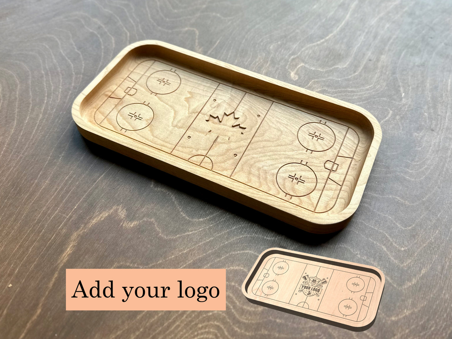 Hockey Rink Shape with Maple Leaf Hardwood Catchall Tray | Trivet | Serving Board | Charcuterie | Own Logo | Maple | Cherry | Walnut | Custom | Personalized