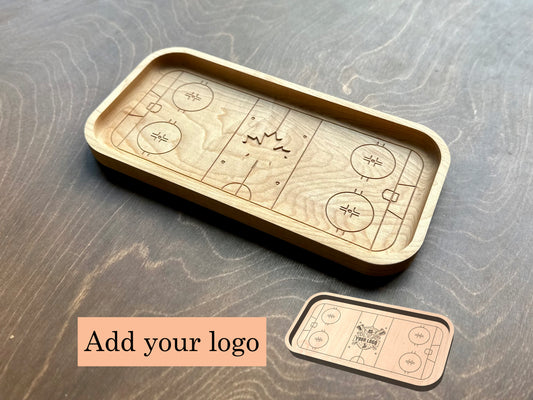 Hockey Rink Shape with Maple Leaf Hardwood Catchall Tray | Trivet  | Serving Board | Charcuterie | Own Logo | Maple | Cherry | Walnut | Custom | Personalized