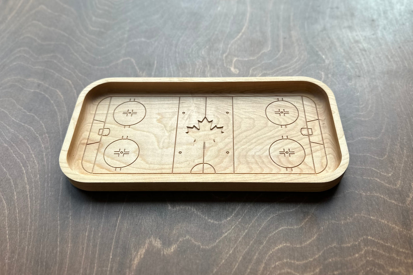 Hockey Rink Shape with Maple Leaf Hardwood Catchall Tray | Trivet | Serving Board | Charcuterie | Own Logo | Maple | Cherry | Walnut | Custom | Personalized