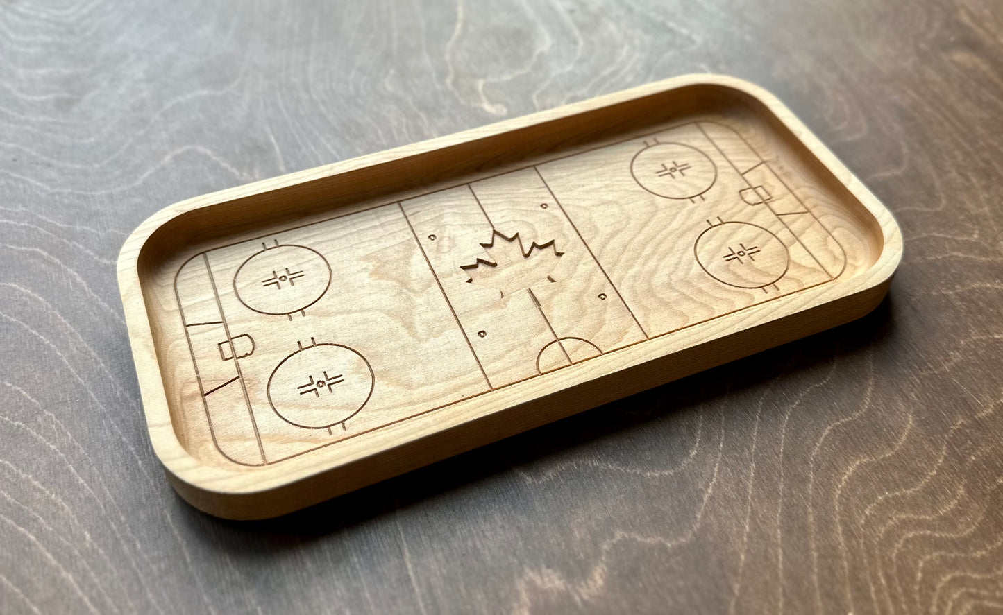 Hockey Rink Shape with Maple Leaf Hardwood Catchall Tray | Trivet | Serving Board | Charcuterie | Own Logo | Maple | Cherry | Walnut | Custom | Personalized