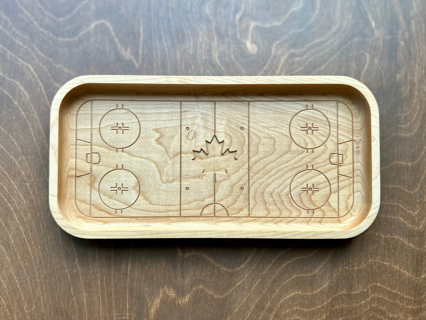 Hockey Rink Shape with Maple Leaf Hardwood Catchall Tray | Trivet | Serving Board | Charcuterie | Own Logo | Maple | Cherry | Walnut | Custom | Personalized
