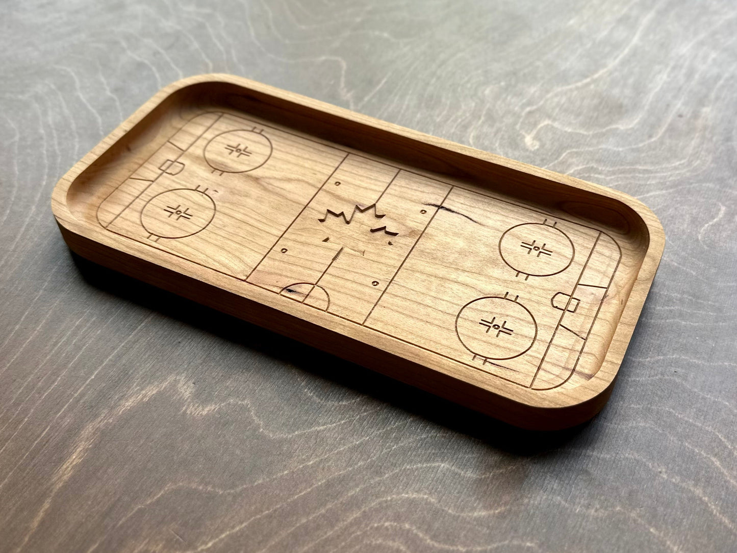 Hockey Rink Shape with Maple Leaf Hardwood Catchall Tray | Trivet | Serving Board | Charcuterie | Own Logo | Maple | Cherry | Walnut | Custom | Personalized