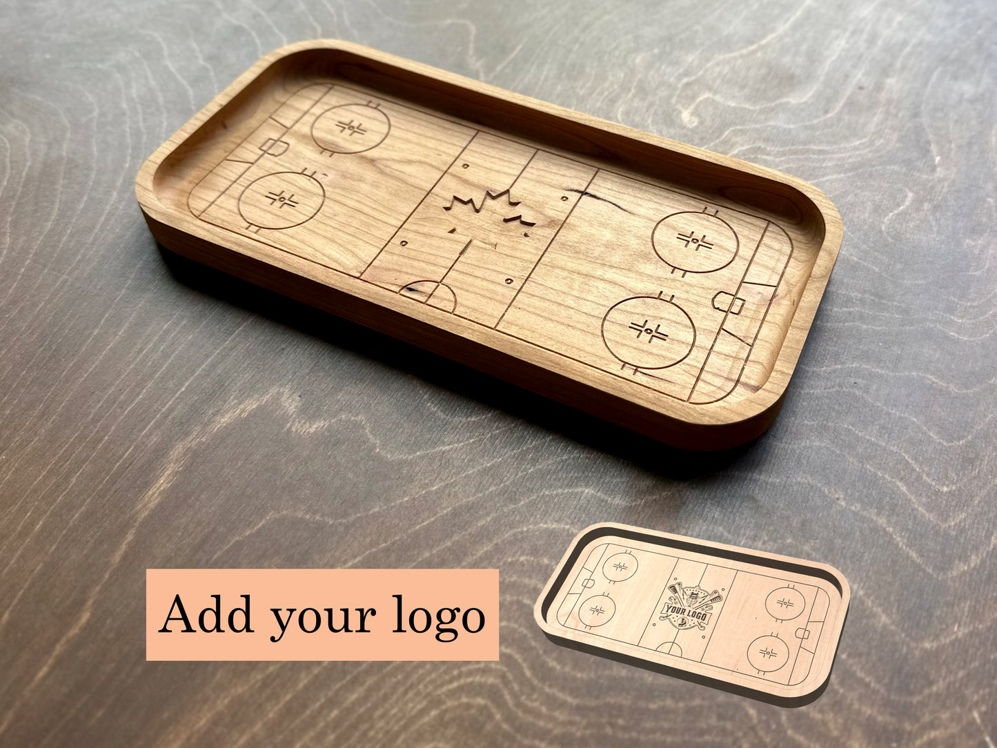 Hockey Rink Shape with Maple Leaf Hardwood Catchall Tray | Trivet | Serving Board | Charcuterie | Own Logo | Maple | Cherry | Walnut | Custom | Personalized