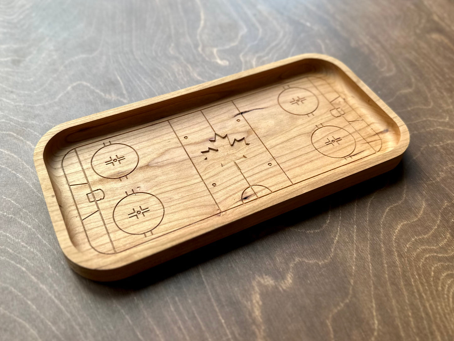 Hockey Rink Shape with Maple Leaf Hardwood Catchall Tray | Trivet | Serving Board | Charcuterie | Own Logo | Maple | Cherry | Walnut | Custom | Personalized