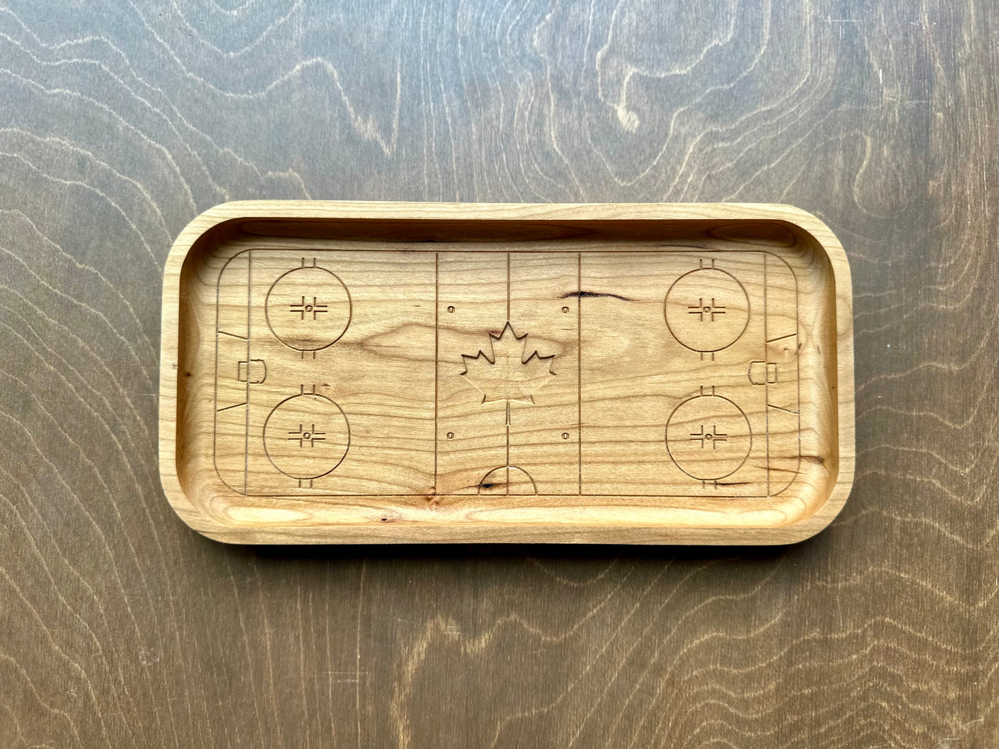 Hockey Rink Shape with Maple Leaf Hardwood Catchall Tray | Trivet | Serving Board | Charcuterie | Own Logo | Maple | Cherry | Walnut | Custom | Personalized