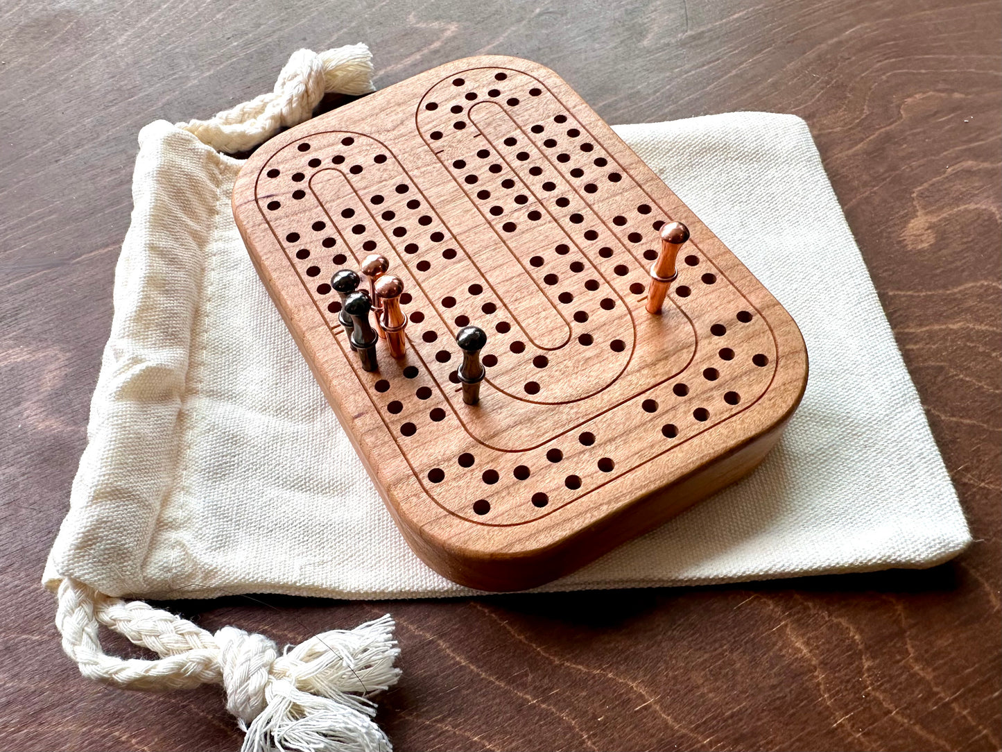 Travel Size Mini Cribbage Board | Metal Pegs | Card Game | Personalized | Carrying Bag | Built-in Storage | Solid Maple Cherry Walnut
