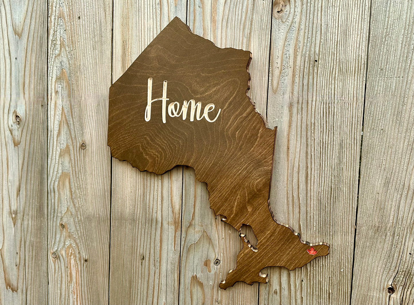 Ontario Map Home Wood Sign with A Maple Leaf Marking the Ottawa Location