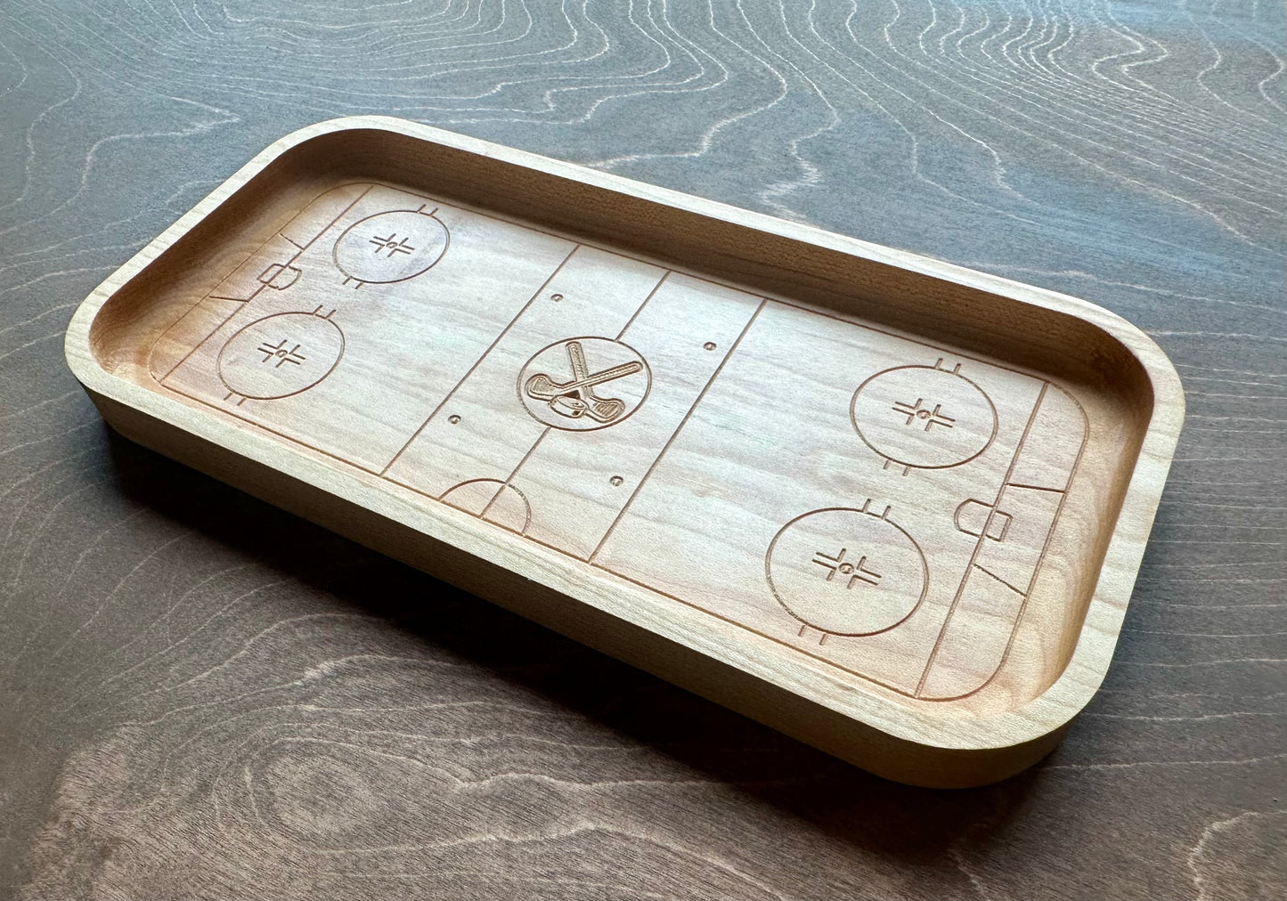 Hockey Rink Shape with Maple Leaf Hardwood Catchall Tray | Trivet | Serving Board | Charcuterie | Own Logo | Maple | Cherry | Walnut | Custom | Personalized