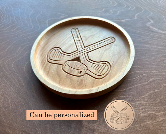 Hockey Sticks and Puck Hardwood Catchall Tray | Trivet | Personalized | Serving Tray | Maple | Cherry | Walnut