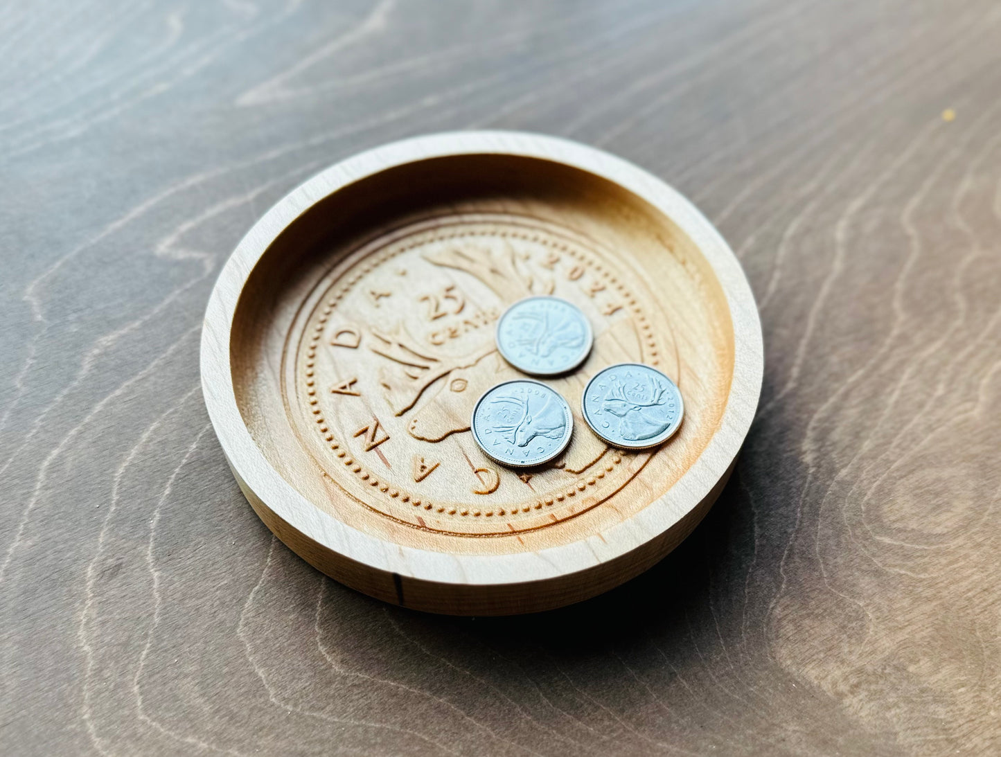 Wooden Canadian Quarter Coin Catchall Tray | Change | Gift | Souvenir | Keepsake | Money | Maple | Cherry | Walnut | 25 cent | Dollar