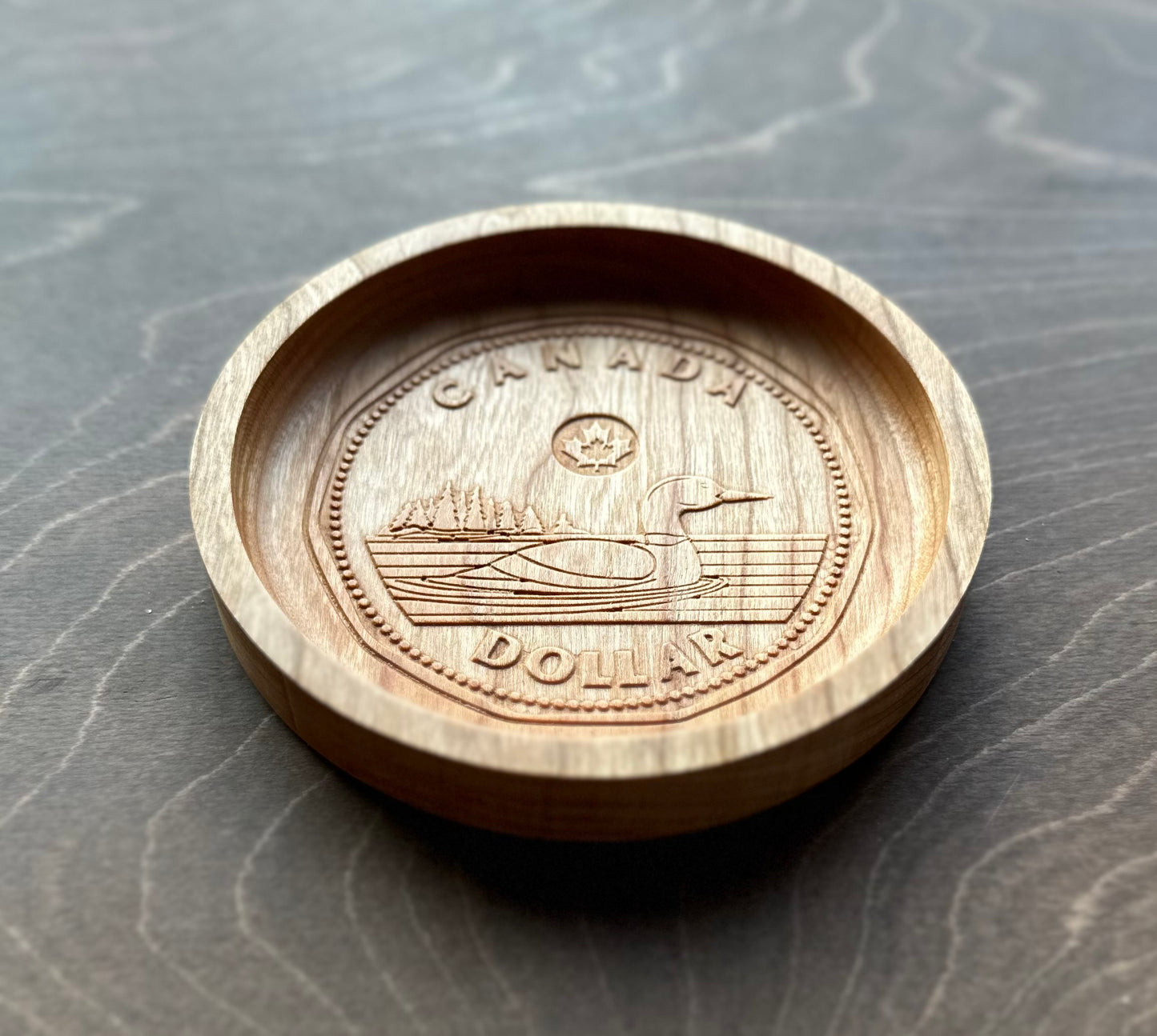 Wooden Canadian Loonie Coin Catchall Tray | Change | Gift | Souvenir | Keepsake | Money | Maple | Cherry | Walnut | One Dollar | Loon