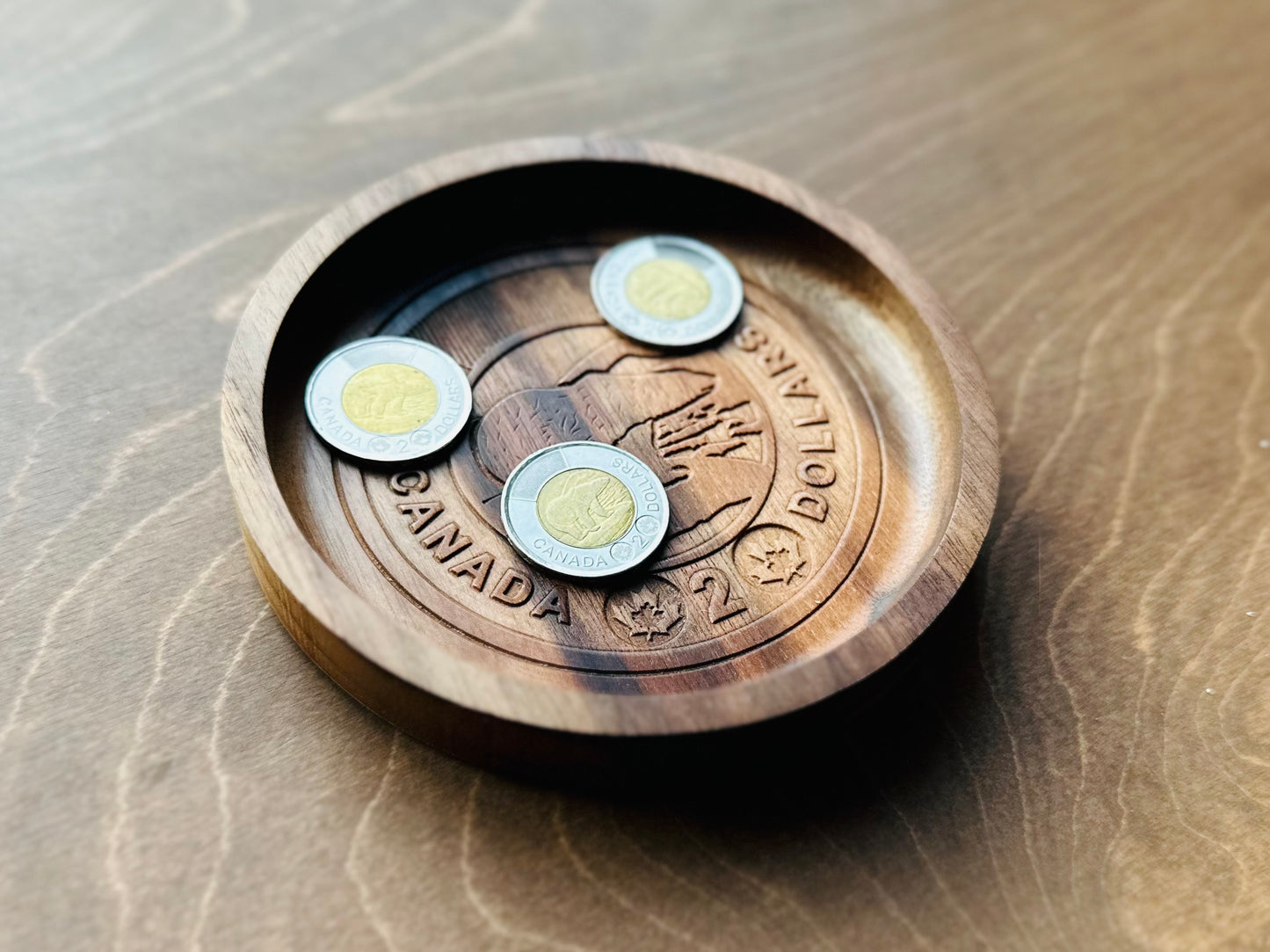 Wooden Canadian Toonie Coin Catchall Tray | Change | Gift | Souvenir | Keepsake | Money | Maple | Cherry | Walnut | Two Dollars | Bear