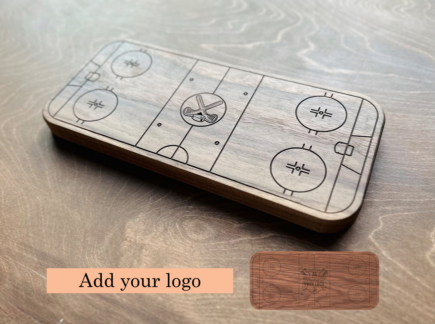 Hockey Rink Shape Hardwood Trivet | Catchall Tray | Serving Board | Charcuterie | Own Logo | Maple | Cherry | Walnut | Custom | Personalized