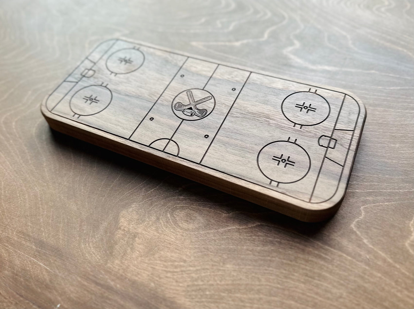 Hockey Rink Shape with Maple Leaf Hardwood Catchall Tray | Trivet | Serving Board | Charcuterie | Own Logo | Maple | Cherry | Walnut | Custom | Personalized