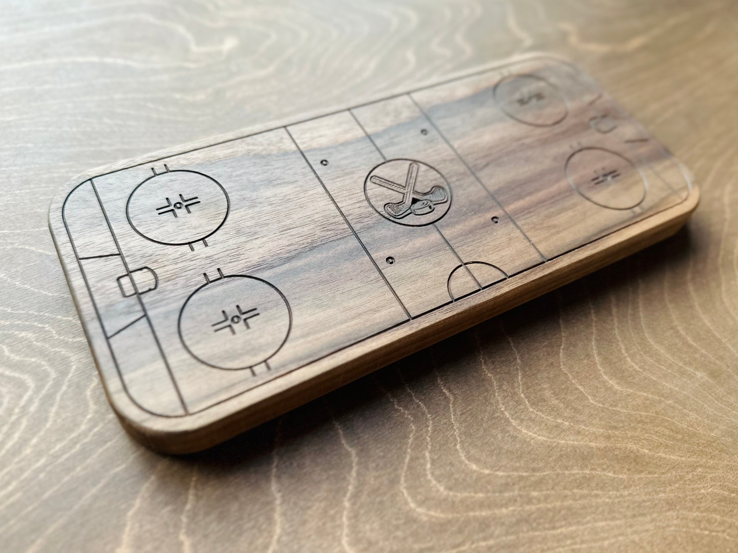 Hockey Rink Shape Hardwood Trivet | Catchall Tray | Serving Board | Charcuterie | Own Logo | Maple | Cherry | Walnut | Custom | Personalized