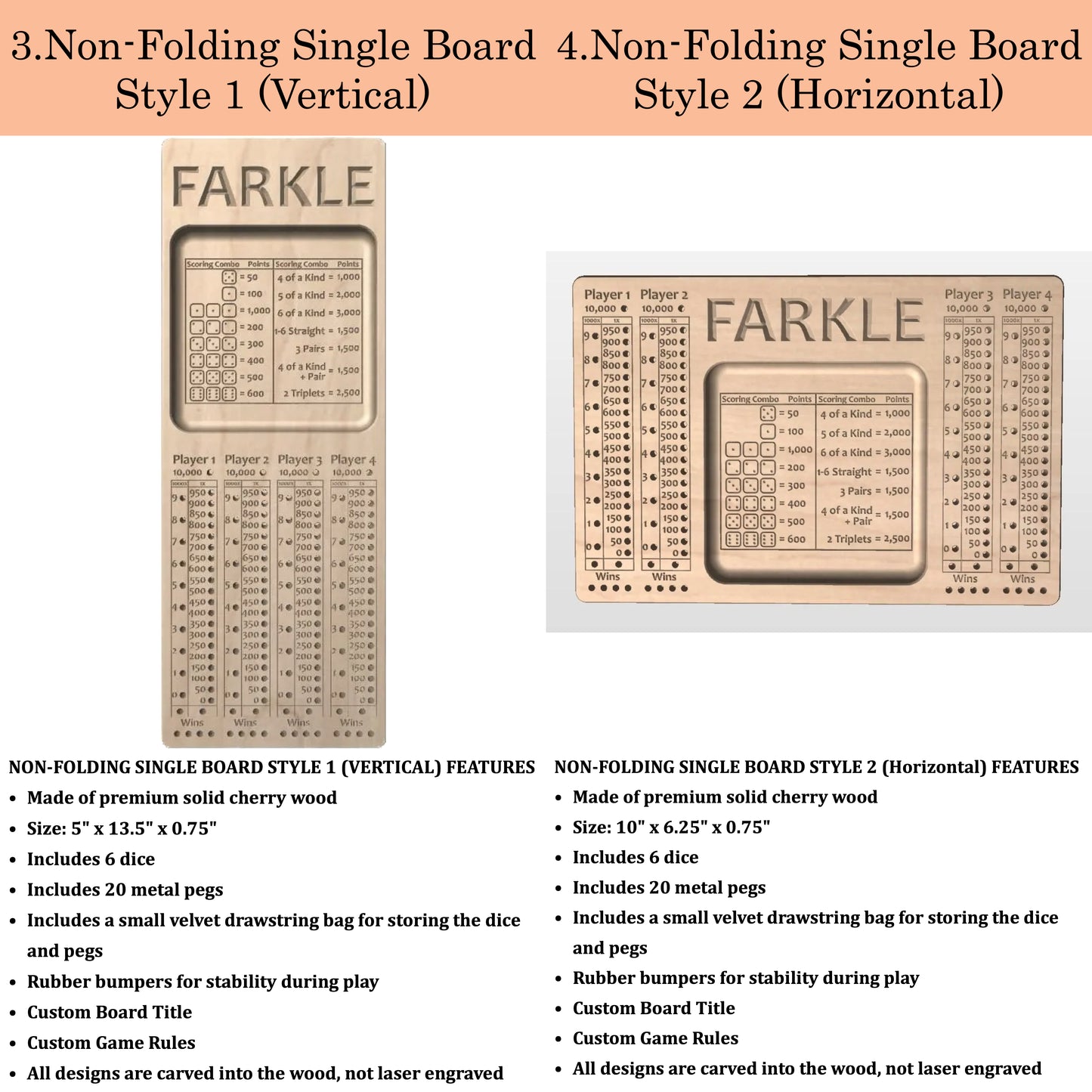 Farkle | 10 000 | Dix mille | Jeu de dés | Pliable | Format voyage | Rangement intégré | Jeu de société | Chevilles | Personnalisé | Bois dur de qualité supérieure