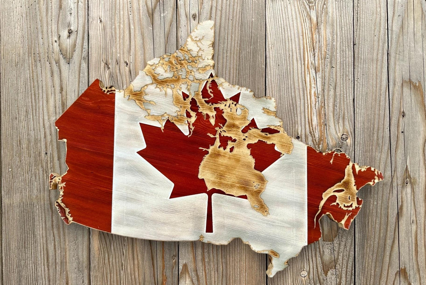 Wooden Canada Map Flag (Detailed) | Pine | Red & White & Natural | Canada Shape Flag
