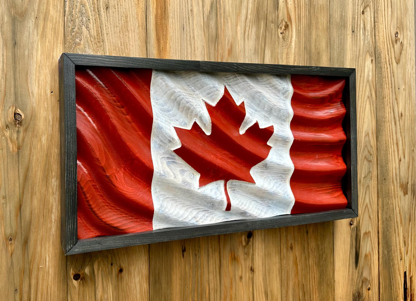 Wavy Wooden Canada Flag | Red & White with Black Frame | Wave Style 1 | 22.5 " x 11.25" | Ready to Ship