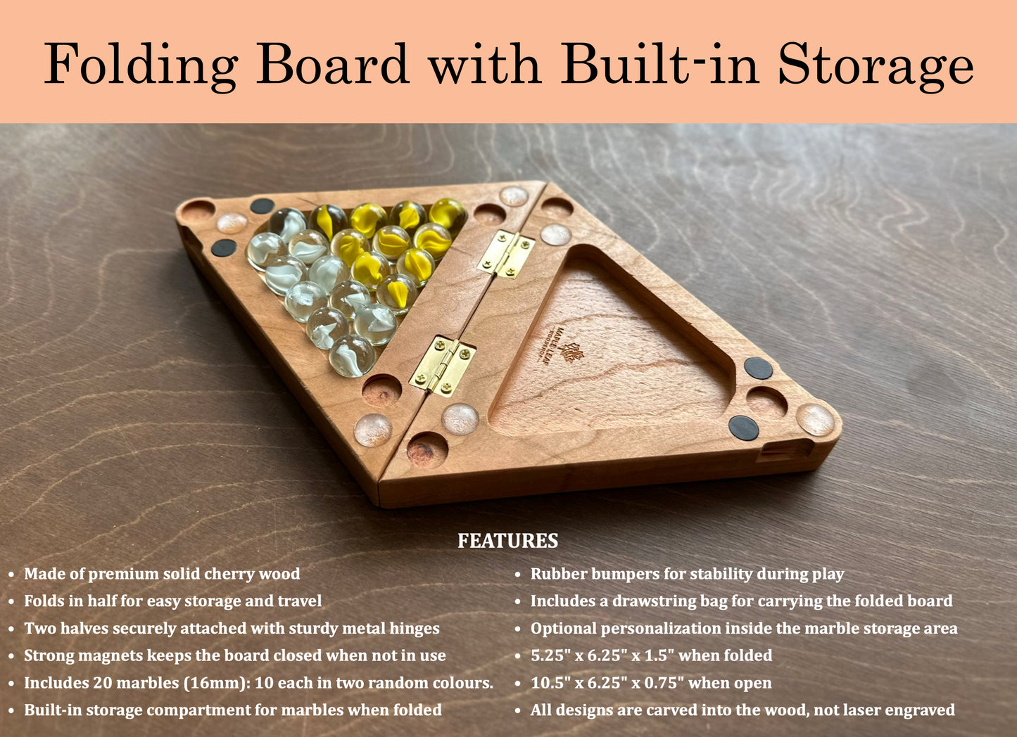 2-Player Chinese Checkers | Folding | Travel Size | Built-in Storage | Board Game | Marbles | Personalized | Premium Hardwood | Sternhalma