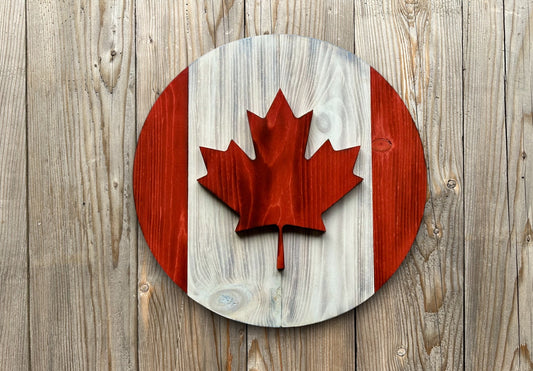 Drapeau du Canada rond en bois 3D de 16 po | Rouge et blanc | Prêt à expédier