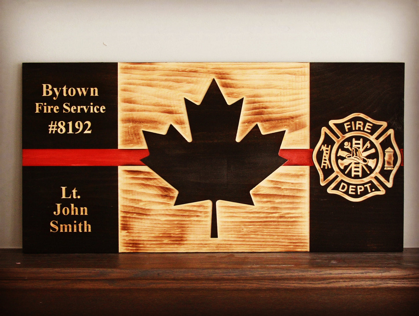 Personalized Maltese Cross Red Thin Line Wooden Canada Flag | Firefighter | Fire Department | Fire Service | First Responder | Wall Art