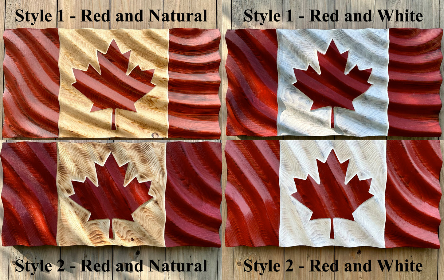 Drapeau du Canada en bois ondulé - Modèle de vague 1 - Rouge et naturel