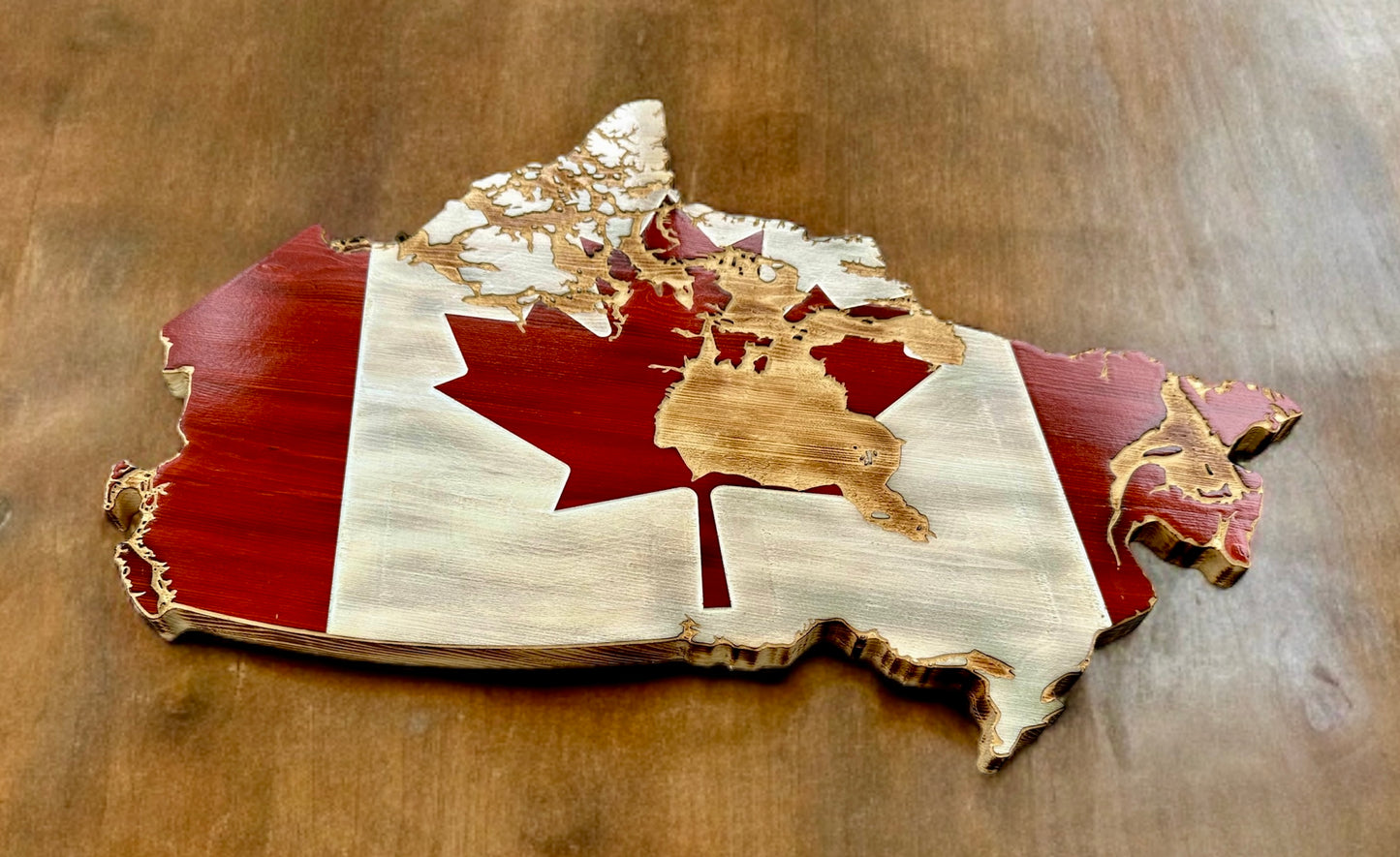 Wooden Canada Map Flag | With Island Details | Pine | Red & White & Natural | Canada Shape Flag