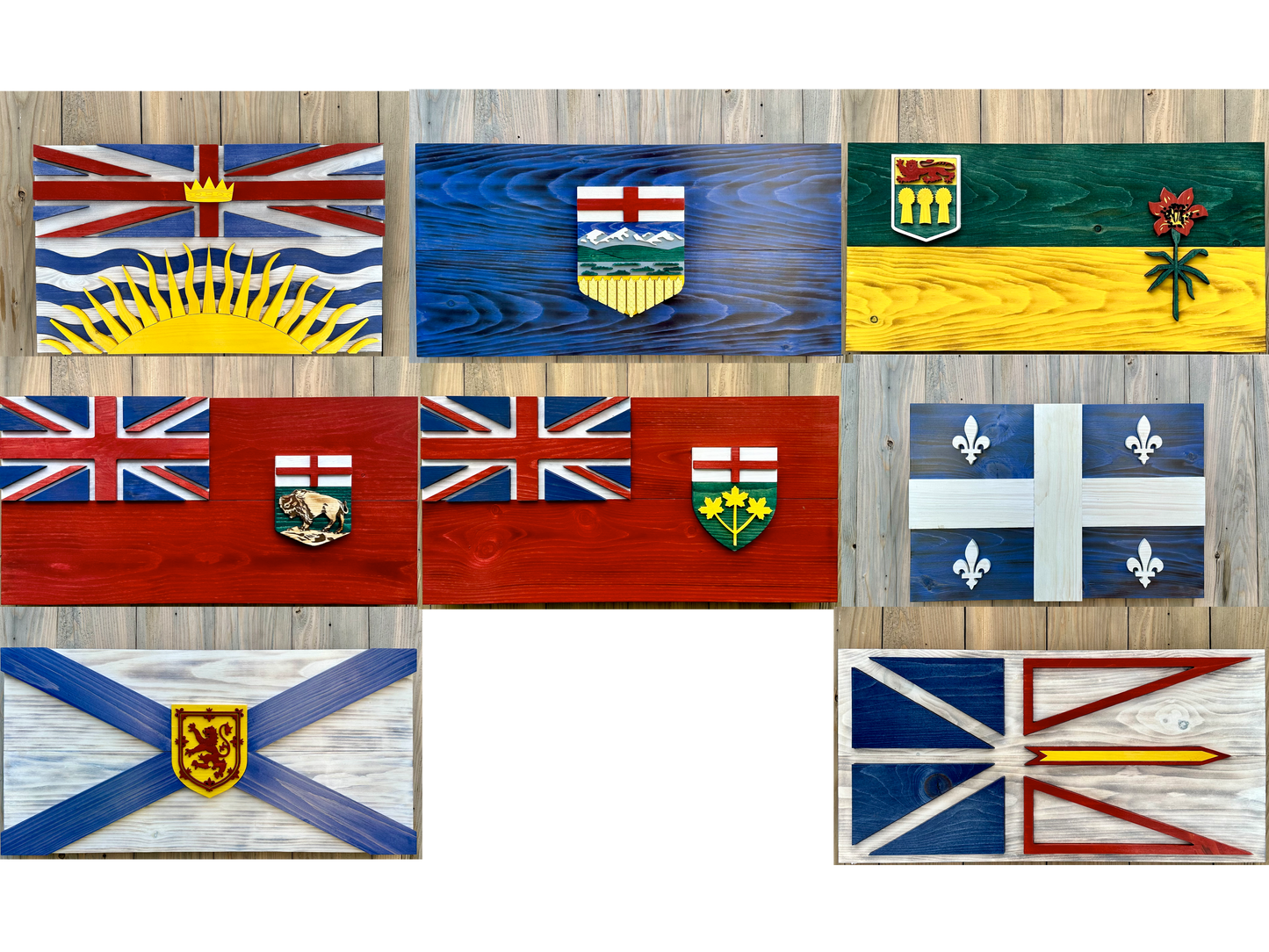 Drapeaux provinciaux canadiens en bois 3D | Déstockage | Prêt à expédier | Ontario | Manitoba | Québec | Alberta | Nouvelle-Écosse | Saskatchewan | Colombie-Britannique | Terre-Neuve-et-Labrador