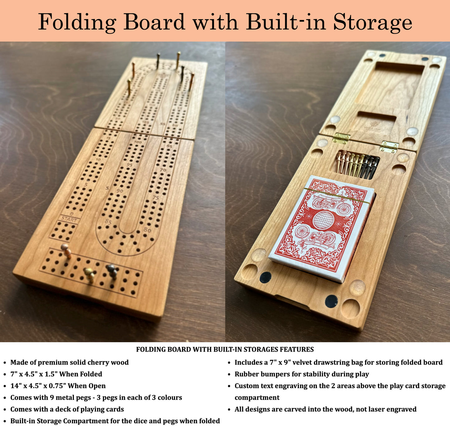 Jeu de cribbage classique | Pliable | Format voyage | Portable | Rangement intégré | Piquets métalliques | Personnalisé | Votre logo | Bois dur de qualité supérieure