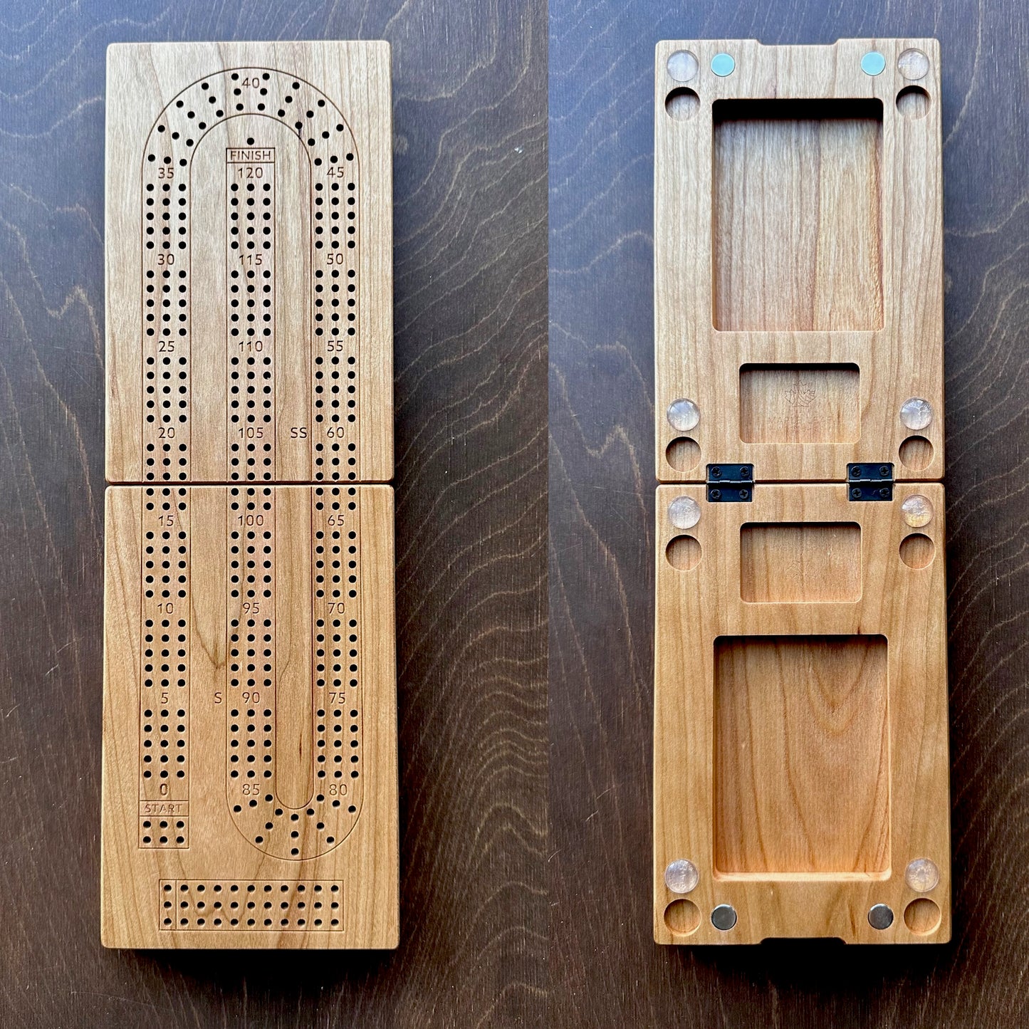 Folding Cribbage Board | 3 Tracks | Travel Size | Portable | Built-in Storage | Metal Pegs | Personalized Engraving | Premium Hardwood