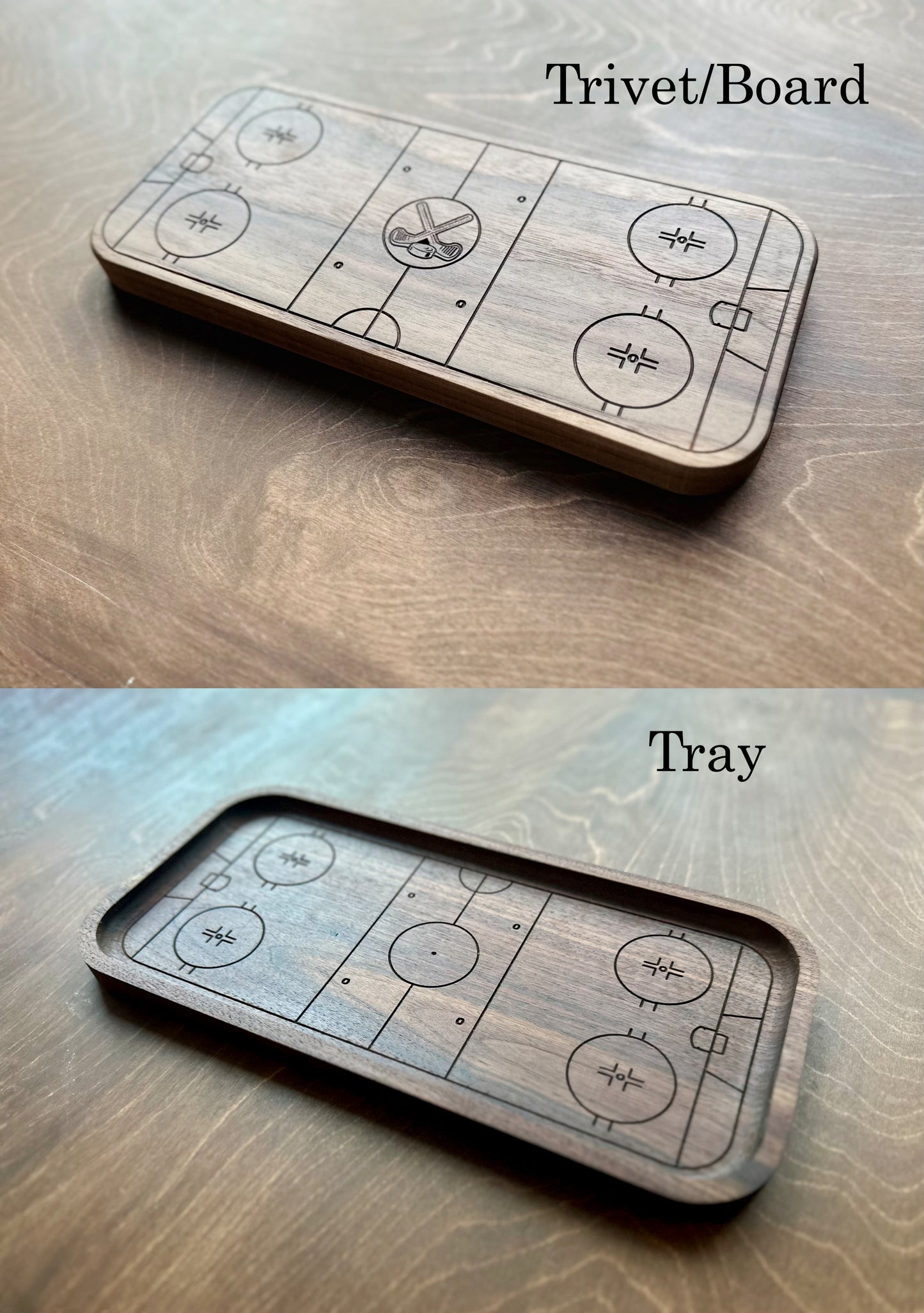 Hockey Rink Shape Hardwood Catchall Tray | Trivet | Serving Board | Charcuterie | Own Logo | Maple | Cherry | Walnut | Custom | Personalized