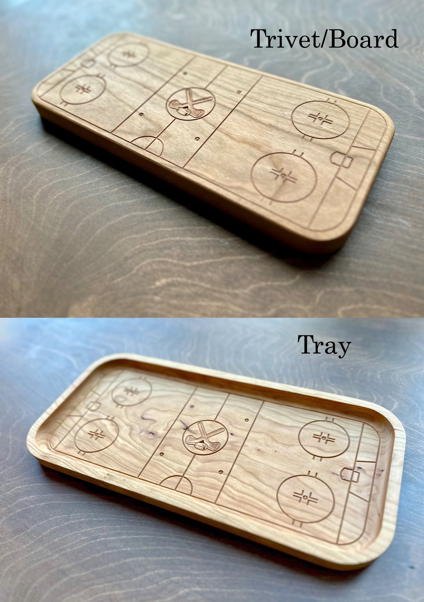 Hockey Rink Shape Hardwood Catchall Tray | Trivet | Serving Board | Charcuterie | Own Logo | Maple | Cherry | Walnut | Custom | Personalized