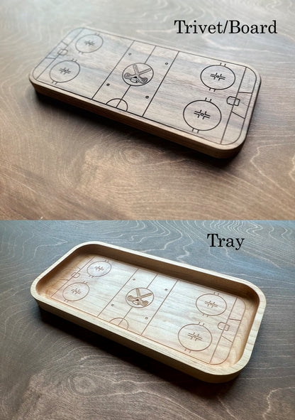 Hockey Rink Shape with Maple Leaf Hardwood Catchall Tray | Trivet  | Serving Board | Charcuterie | Own Logo | Maple | Cherry | Walnut | Custom | Personalized