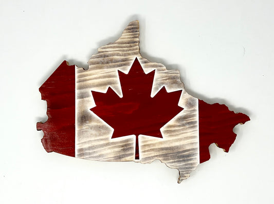 Drapeau de carte du Canada en bois | Pin | Rouge et Blanc | Drapeau de forme du Canada