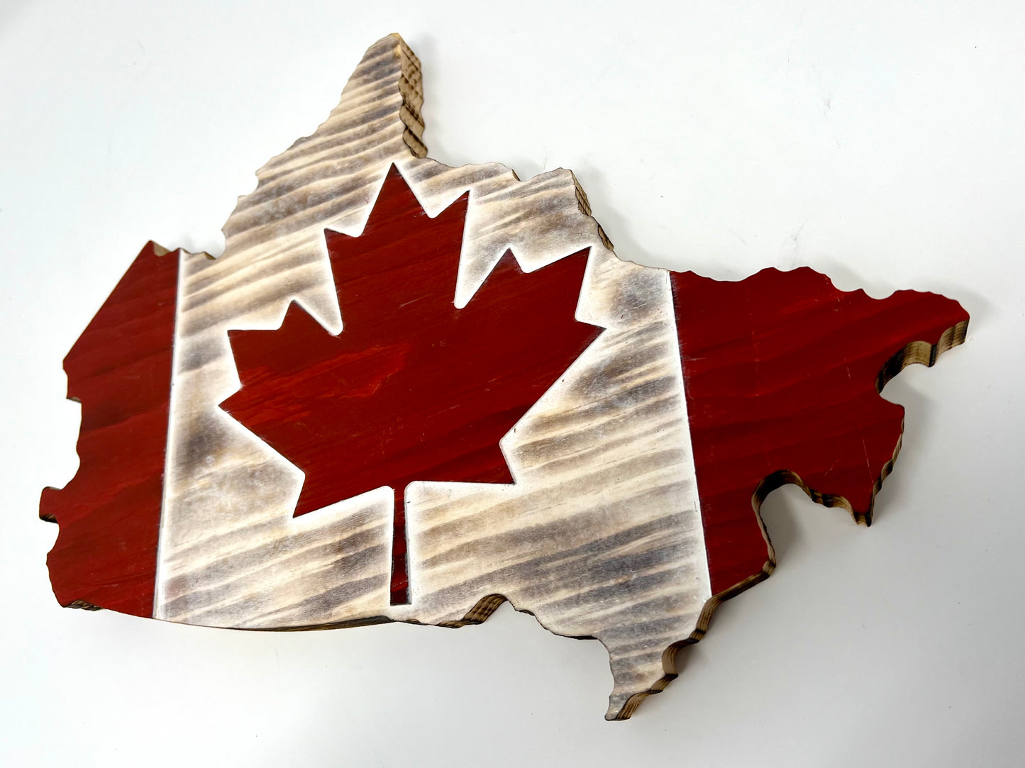 Drapeau de carte du Canada en bois | Pin | Rouge et Blanc | Drapeau de forme du Canada