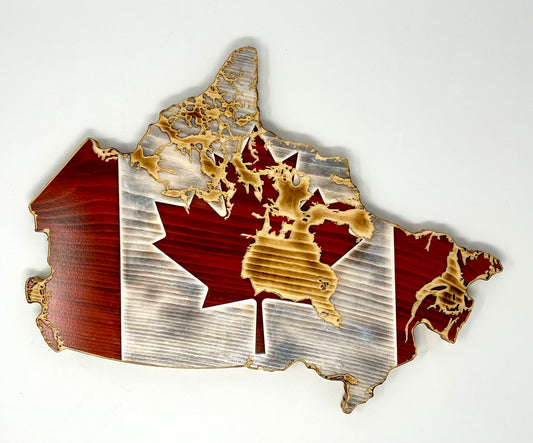 Drapeau de carte du Canada en bois | Avec détails de l'île | Pin | Rouge &amp; Blanc &amp; Naturel | Drapeau de forme du Canada