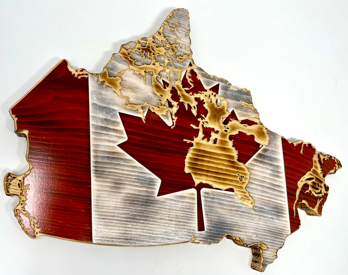 Drapeau de carte du Canada en bois | Avec détails de l'île | Pin | Rouge &amp; Blanc &amp; Naturel | Drapeau de forme du Canada