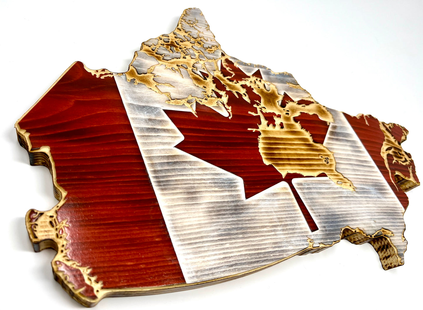 Drapeau de carte du Canada en bois | Avec détails de l'île | Pin | Rouge &amp; Blanc &amp; Naturel | Drapeau de forme du Canada